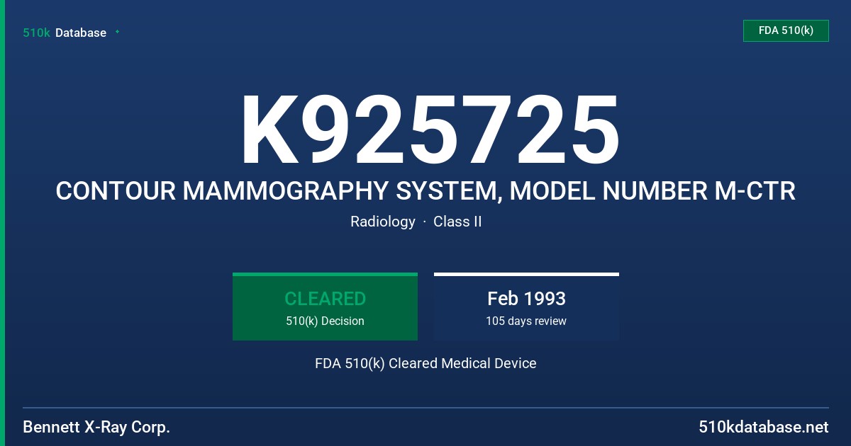 K925725 CONTOUR MAMMOGRAPHY SYSTEM, MODEL NUMBER M-CTR FDA 510(k) Cleared Medical Device