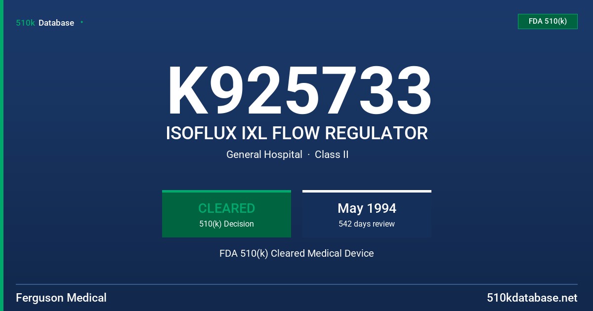 K925733 ISOFLUX IXL FLOW REGULATOR FDA 510(k) Cleared Medical Device