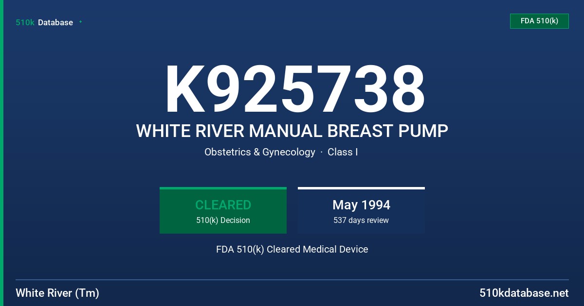 K925738 WHITE RIVER MANUAL BREAST PUMP FDA 510(k) Cleared Medical Device