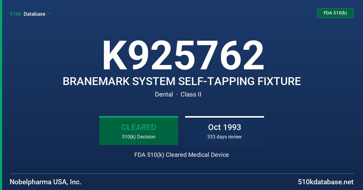 K925762 BRANEMARK SYSTEM SELF-TAPPING FIXTURE FDA 510(k) Cleared Medical Device