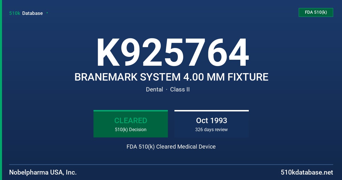 K925764 BRANEMARK SYSTEM 4.00 MM FIXTURE FDA 510(k) Cleared Medical Device