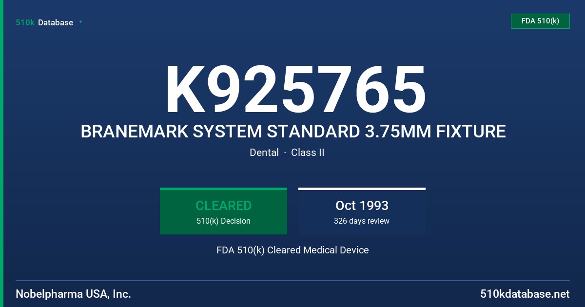 K925765 BRANEMARK SYSTEM STANDARD 3.75MM FIXTURE FDA 510(k) Cleared Medical Device