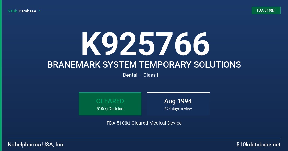 K925766 BRANEMARK SYSTEM TEMPORARY SOLUTIONS FDA 510(k) Cleared Medical Device