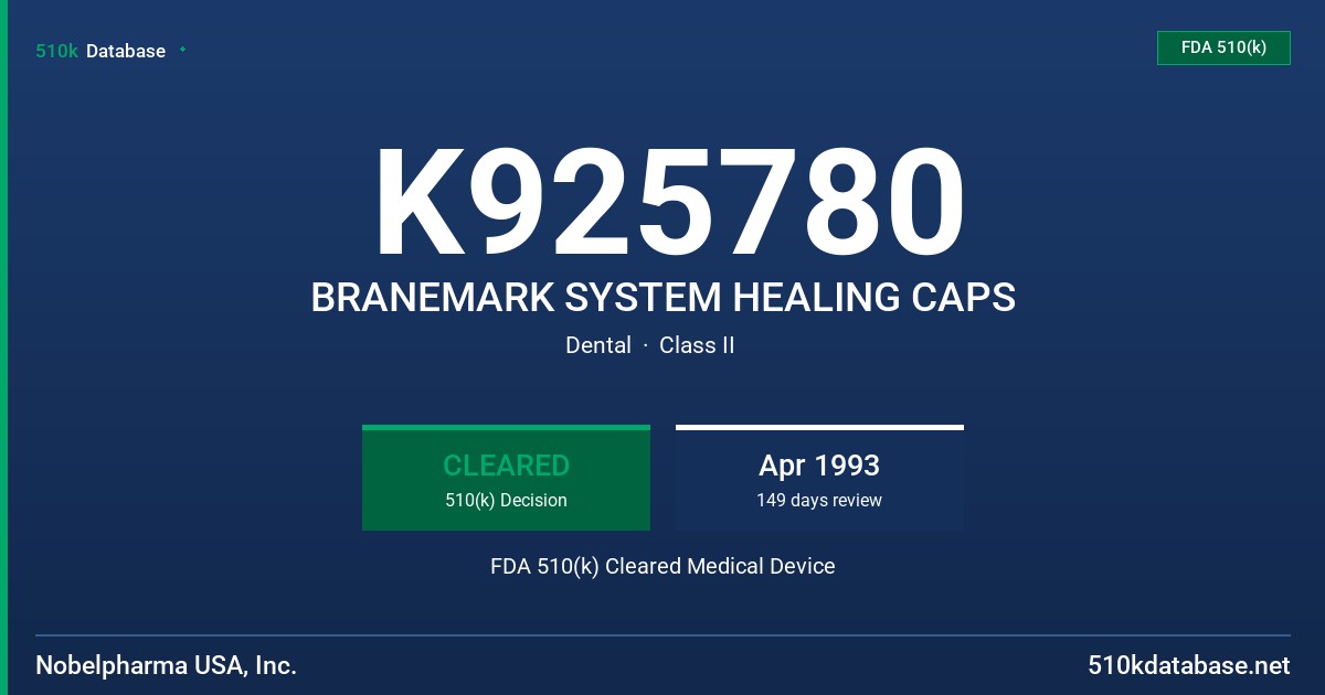 K925780 BRANEMARK SYSTEM HEALING CAPS FDA 510(k) Cleared Medical Device