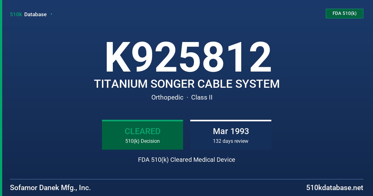 K925812 TITANIUM SONGER CABLE SYSTEM FDA 510(k) Cleared Medical Device