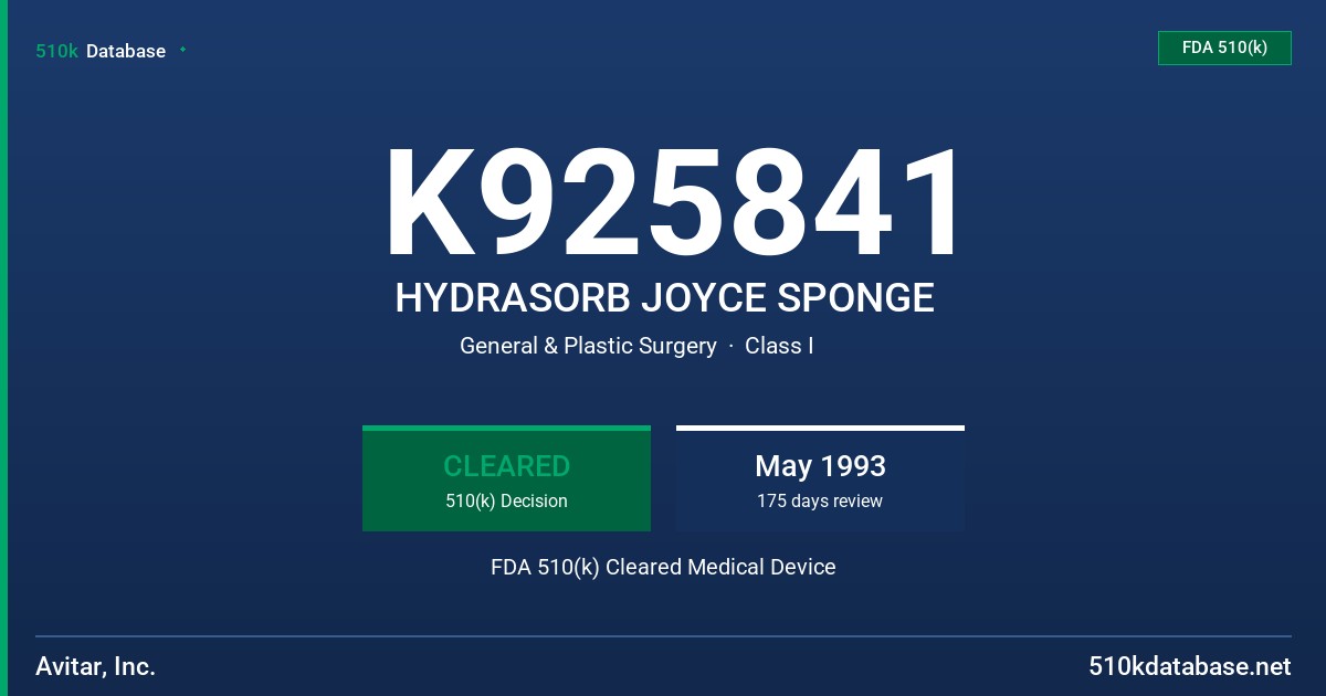 K925841 HYDRASORB JOYCE SPONGE FDA 510(k) Cleared Medical Device