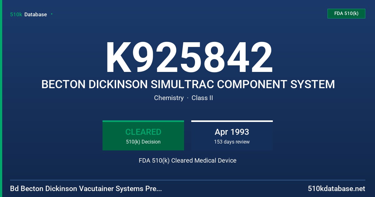 K925842 BECTON DICKINSON SIMULTRAC COMPONENT SYSTEM FDA 510(k) Cleared Medical Device