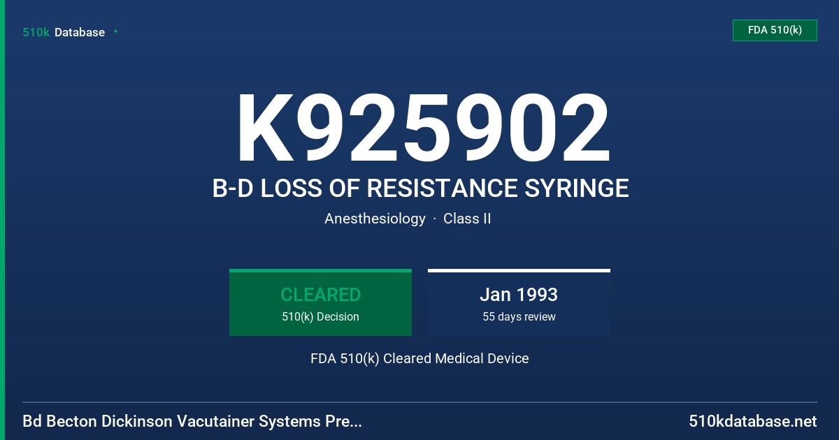 K925902 B-D LOSS OF RESISTANCE SYRINGE FDA 510(k) Cleared Medical Device