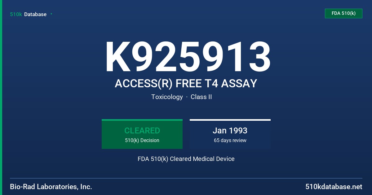 K925913 ACCESS(R) FREE T4 ASSAY FDA 510(k) Cleared Medical Device
