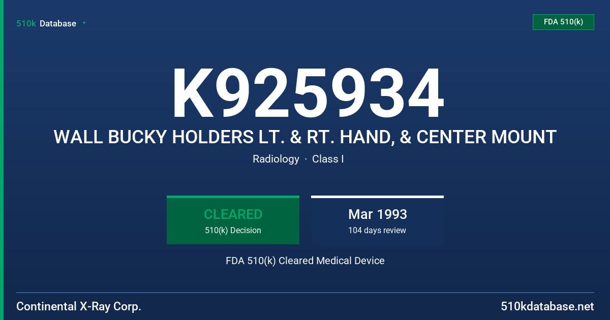 K925934 WALL BUCKY HOLDERS LT. & RT. HAND, & CENTER MOUNT FDA 510(k) Cleared Medical Device