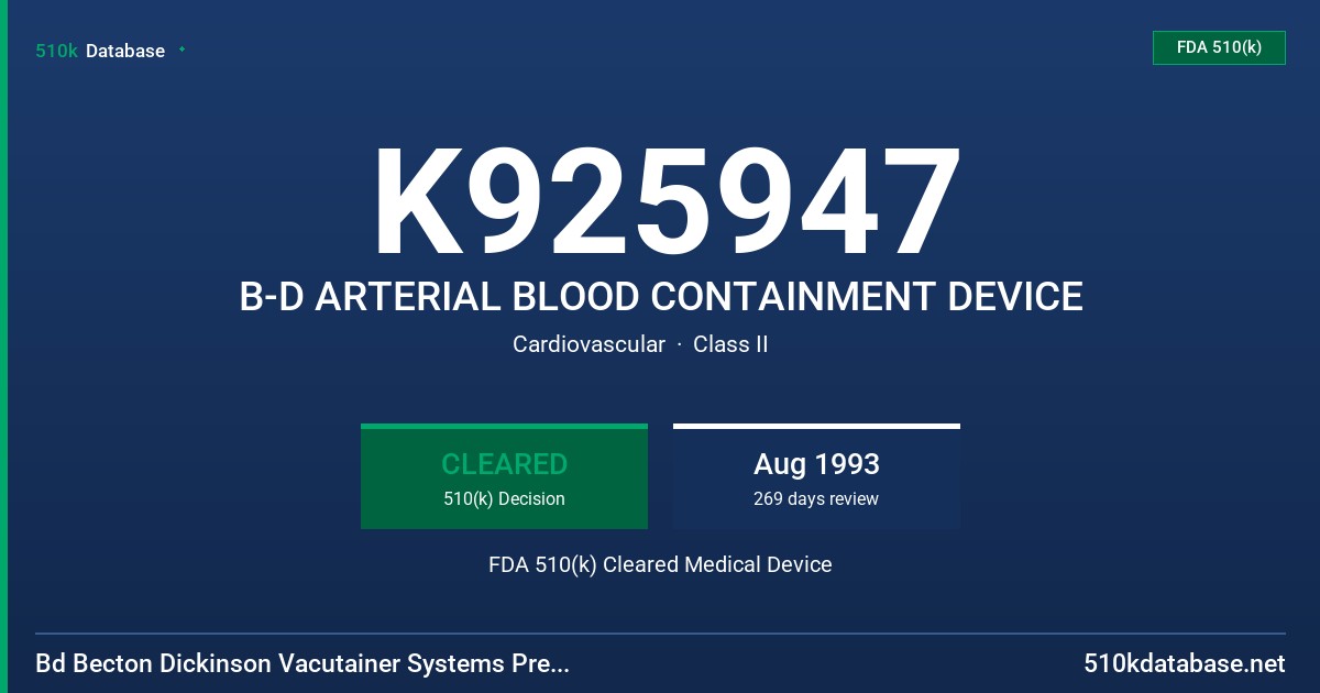 K925947 B-D ARTERIAL BLOOD CONTAINMENT DEVICE FDA 510(k) Cleared Medical Device