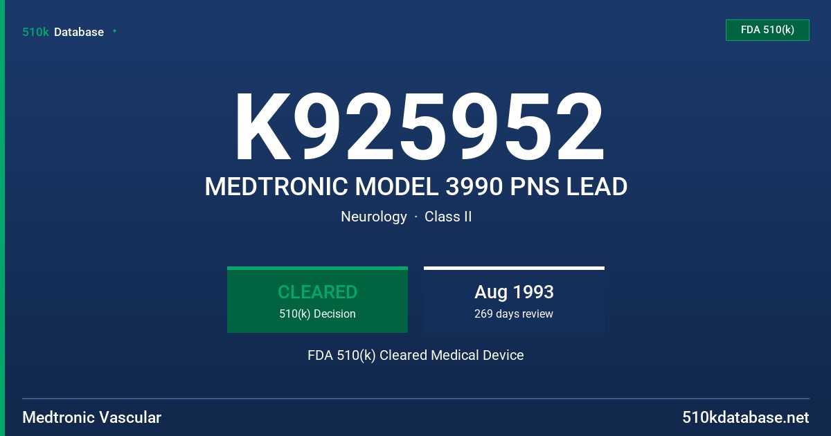 K925952 MEDTRONIC MODEL 3990 PNS LEAD FDA 510(k) Cleared Medical Device