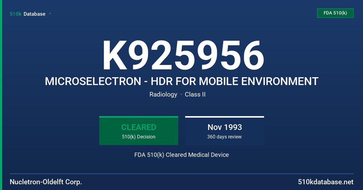 K925956 MICROSELECTRON - HDR FOR MOBILE ENVIRONMENT FDA 510(k) Cleared Medical Device