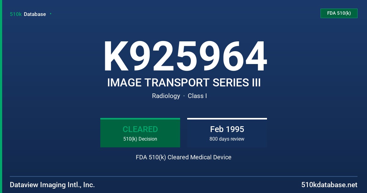 K925964 IMAGE TRANSPORT SERIES III FDA 510(k) Cleared Medical Device