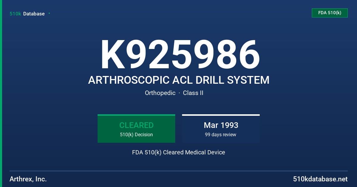K925986 ARTHROSCOPIC ACL DRILL SYSTEM FDA 510(k) Cleared Medical Device