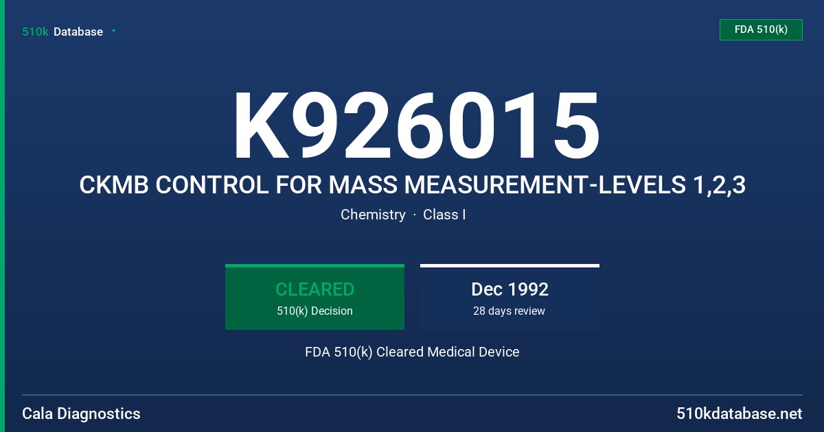 K926015 CKMB CONTROL FOR MASS MEASUREMENT-LEVELS 1,2,3 FDA 510(k) Cleared Medical Device
