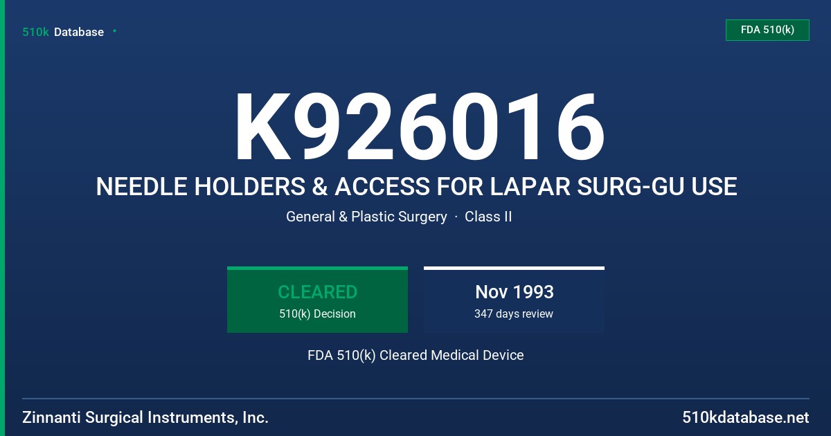 K926016 NEEDLE HOLDERS & ACCESS FOR LAPAR SURG-GU USE FDA 510(k) Cleared Medical Device