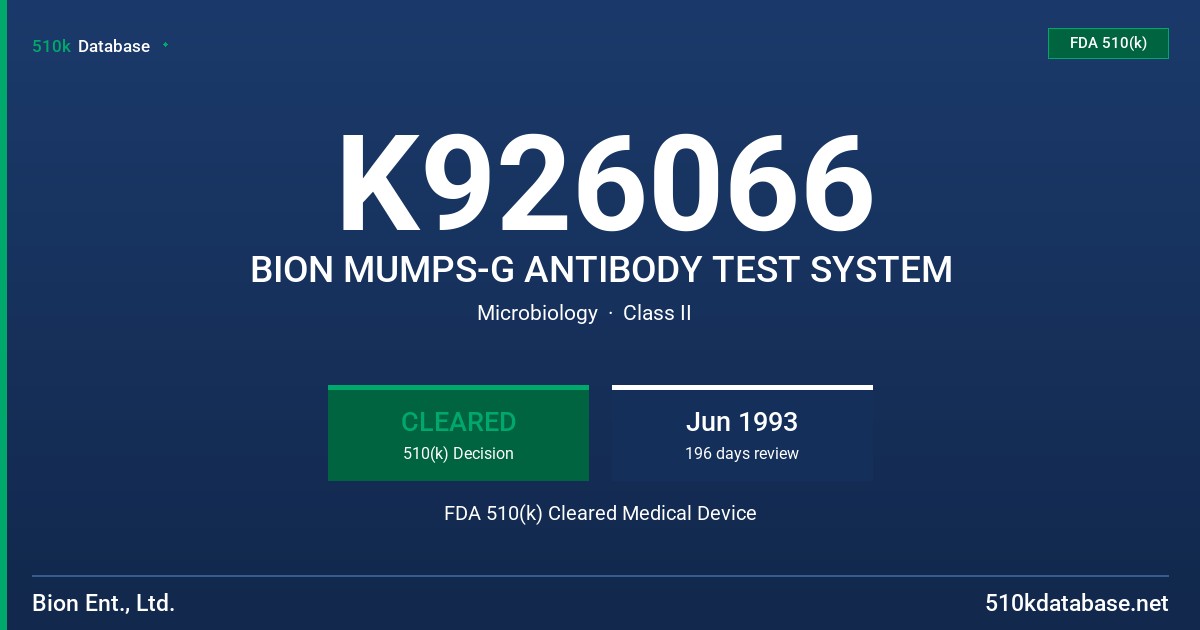 K926066 BION MUMPS-G ANTIBODY TEST SYSTEM FDA 510(k) Cleared Medical Device