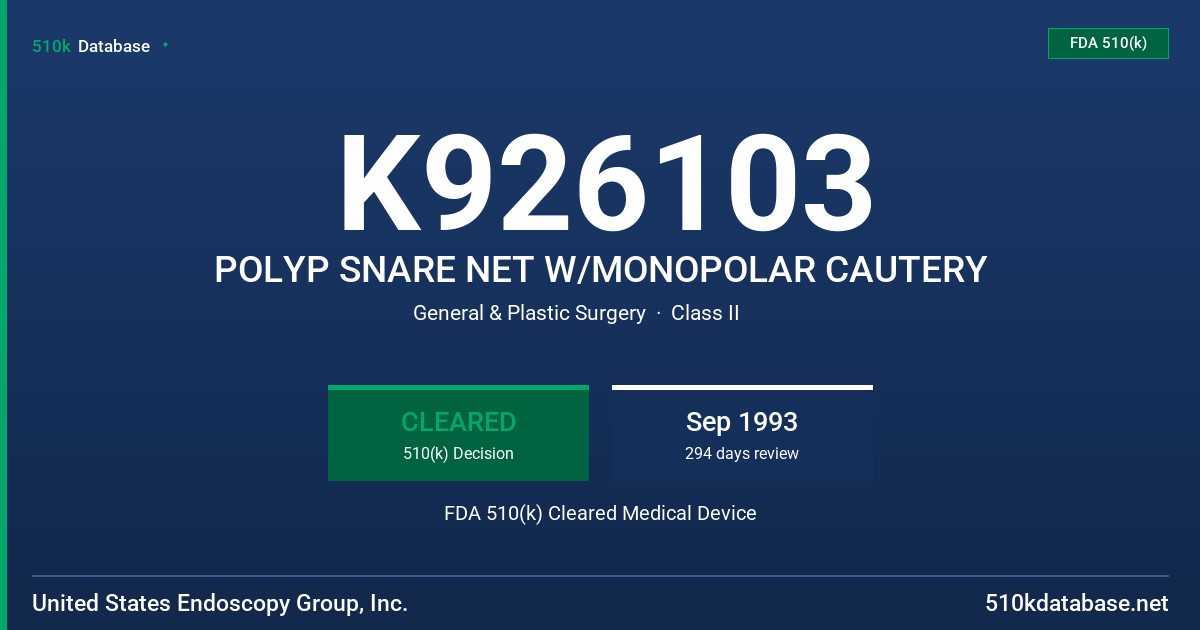 K926103 POLYP SNARE NET W/MONOPOLAR CAUTERY FDA 510(k) Cleared Medical Device