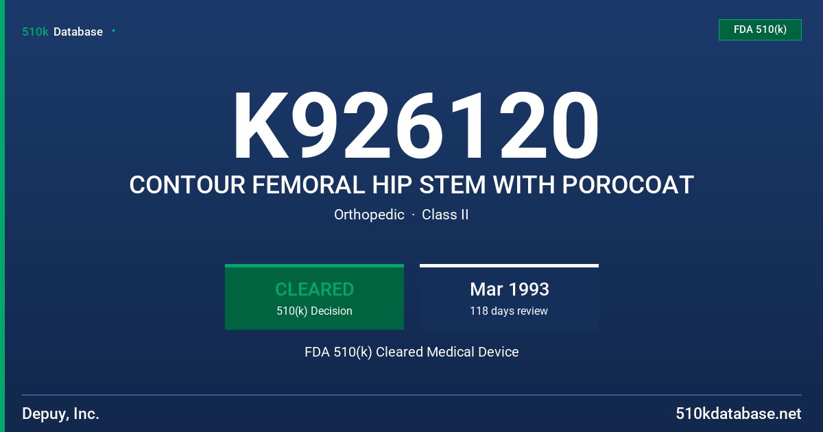 K926120 CONTOUR FEMORAL HIP STEM WITH POROCOAT FDA 510(k) Cleared Medical Device