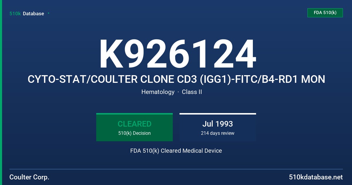 K926124 CYTO-STAT/COULTER CLONE CD3 (IGG1)-FITC/B4-RD1 MON FDA 510(k) Cleared Medical Device