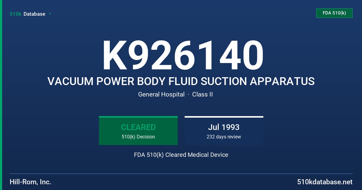 K926140 VACUUM POWER BODY FLUID SUCTION APPARATUS FDA 510(k) Cleared Medical Device
