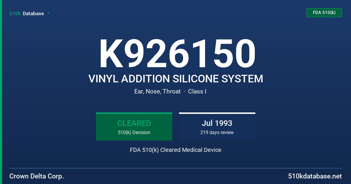K926150 VINYL ADDITION SILICONE SYSTEM FDA 510(k) Cleared Medical Device
