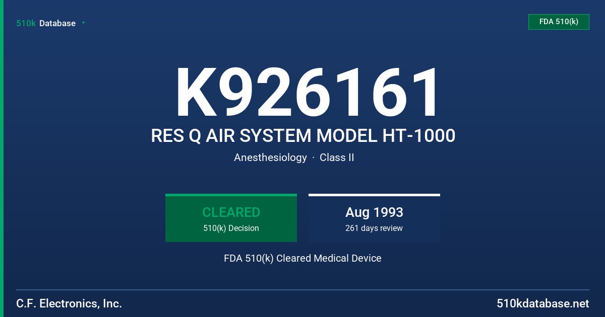 K926161 RES Q AIR SYSTEM MODEL HT-1000 FDA 510(k) Cleared Medical Device