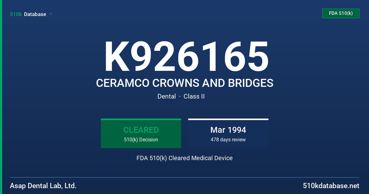 K926165 CERAMCO CROWNS AND BRIDGES FDA 510(k) Cleared Medical Device