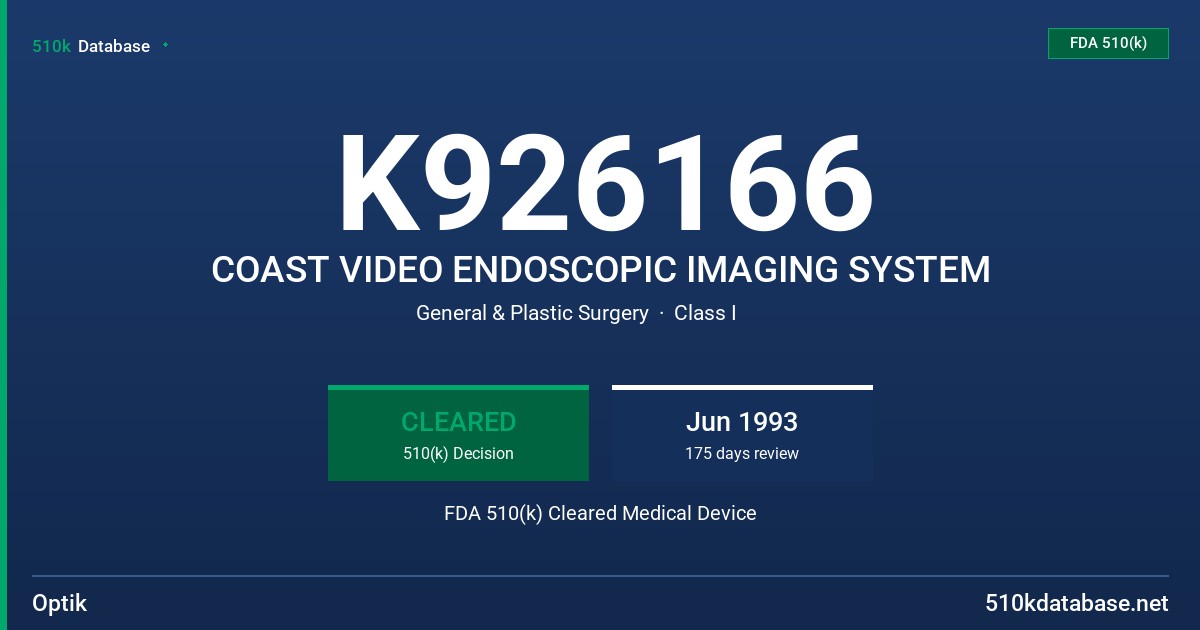 K926166 COAST VIDEO ENDOSCOPIC IMAGING SYSTEM FDA 510(k) Cleared Medical Device