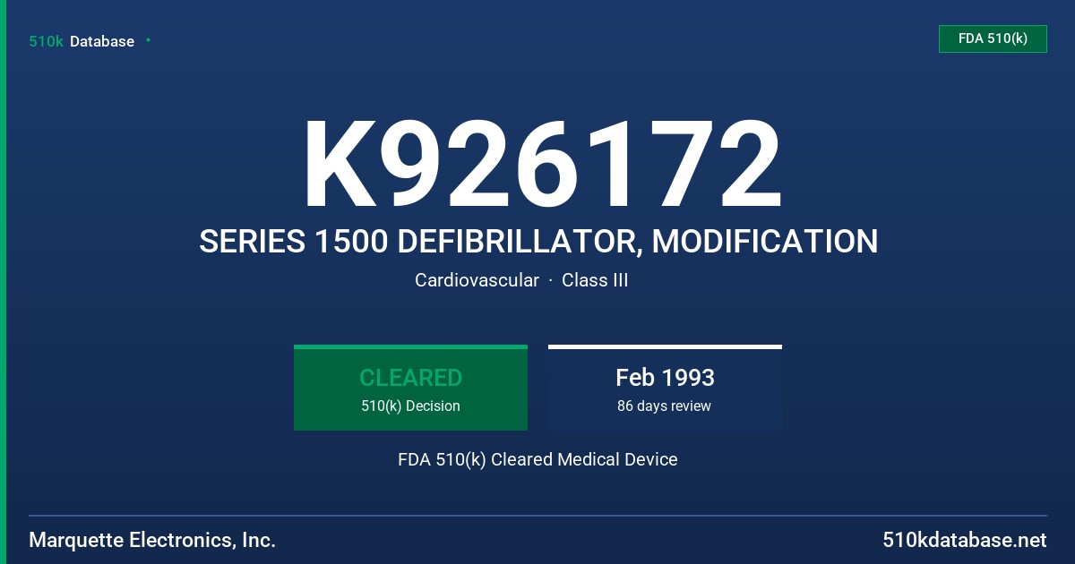 K926172 SERIES 1500 DEFIBRILLATOR, MODIFICATION FDA 510(k) Cleared Medical Device