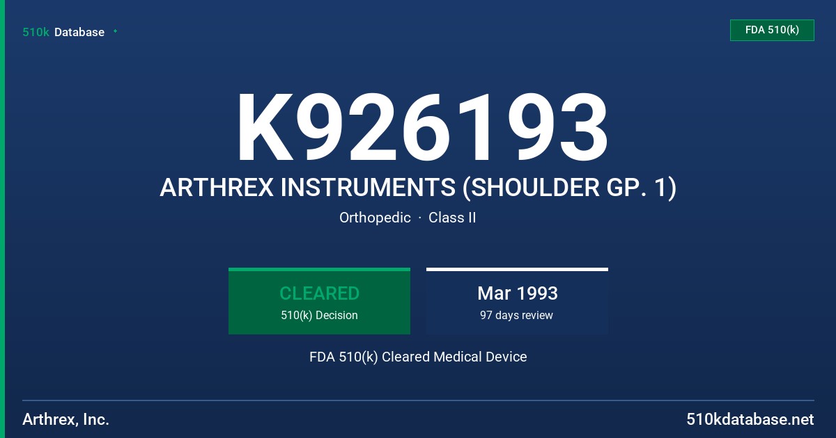 K926193 ARTHREX INSTRUMENTS (SHOULDER GP. 1) FDA 510(k) Cleared Medical Device