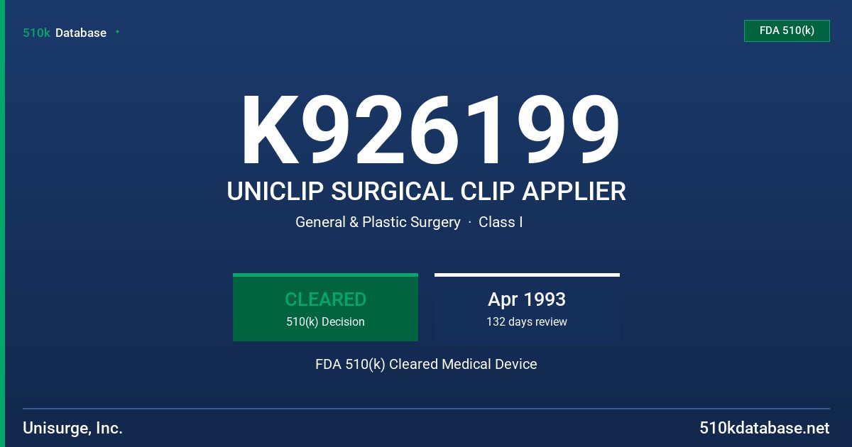 K926199 UNICLIP SURGICAL CLIP APPLIER FDA 510(k) Cleared Medical Device