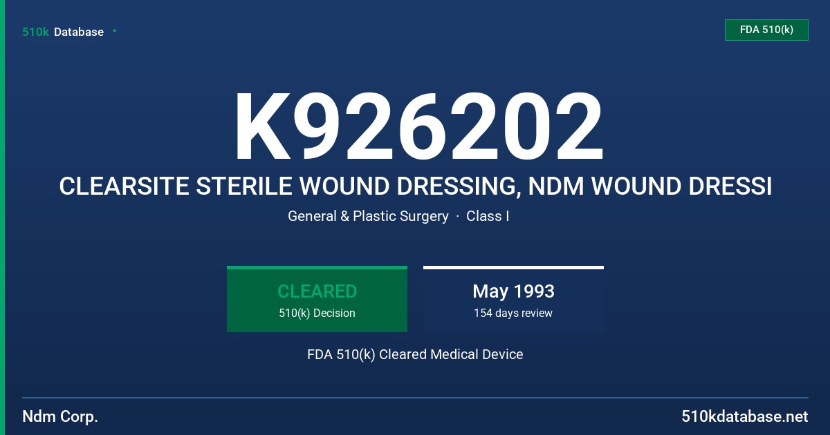 K926202 CLEARSITE STERILE WOUND DRESSING, NDM WOUND DRESSI FDA 510(k) Cleared Medical Device