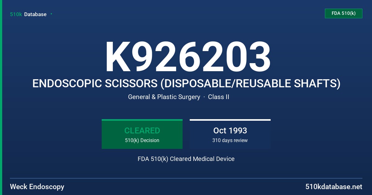 K926203 ENDOSCOPIC SCISSORS (DISPOSABLE/REUSABLE SHAFTS) FDA 510(k) Cleared Medical Device