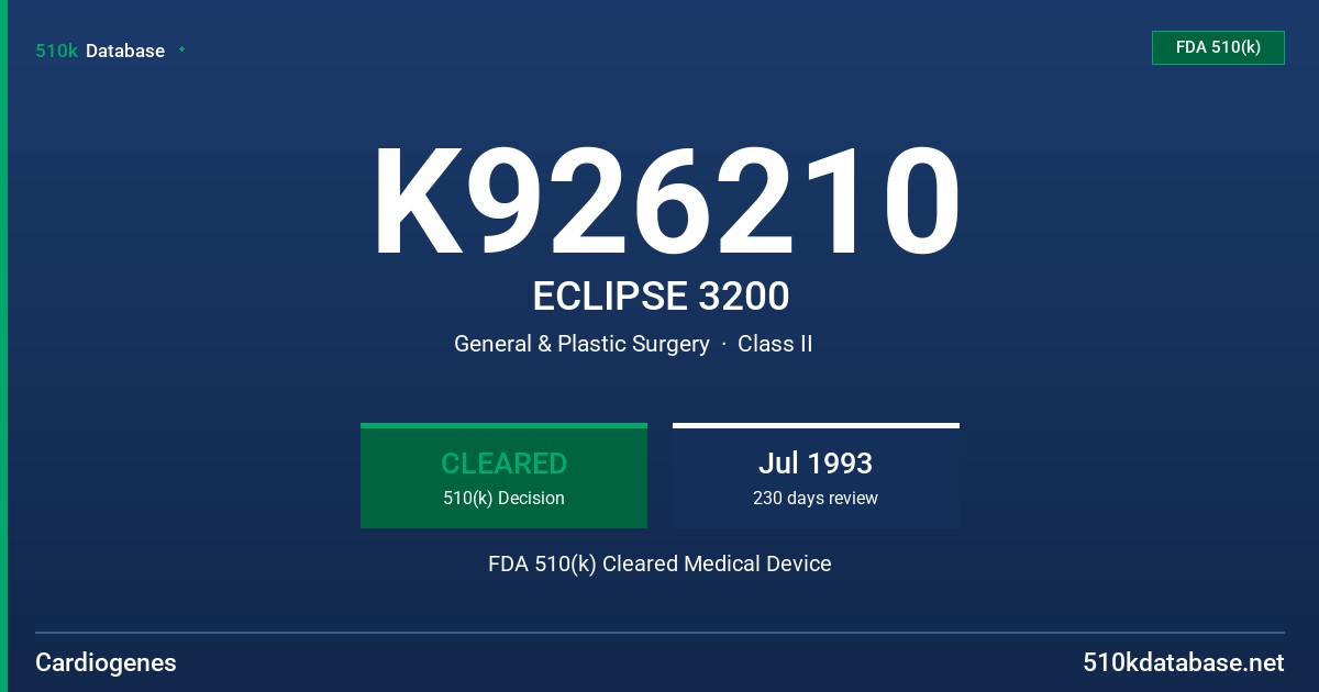 K926210 ECLIPSE 3200 FDA 510(k) Cleared Medical Device