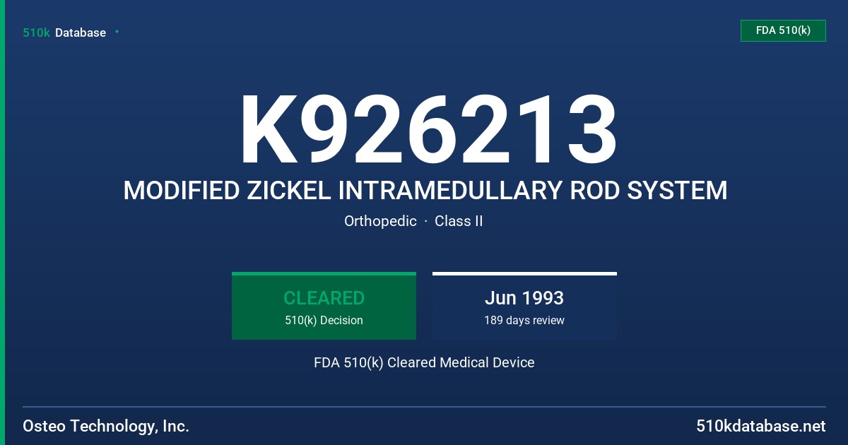K926213 MODIFIED ZICKEL INTRAMEDULLARY ROD SYSTEM FDA 510(k) Cleared Medical Device