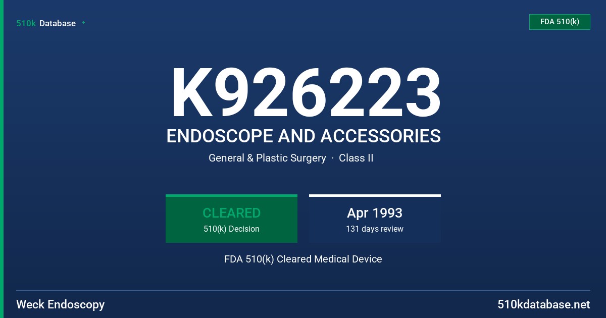 K926223 ENDOSCOPE AND ACCESSORIES FDA 510(k) Cleared Medical Device
