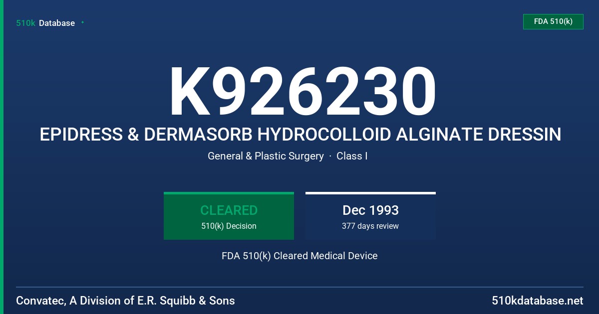 K926230 EPIDRESS & DERMASORB HYDROCOLLOID ALGINATE DRESSIN FDA 510(k) Cleared Medical Device