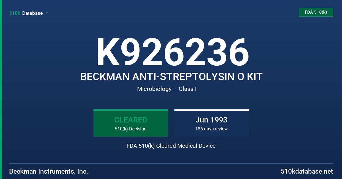 K926236 BECKMAN ANTI-STREPTOLYSIN O KIT FDA 510(k) Cleared Medical Device