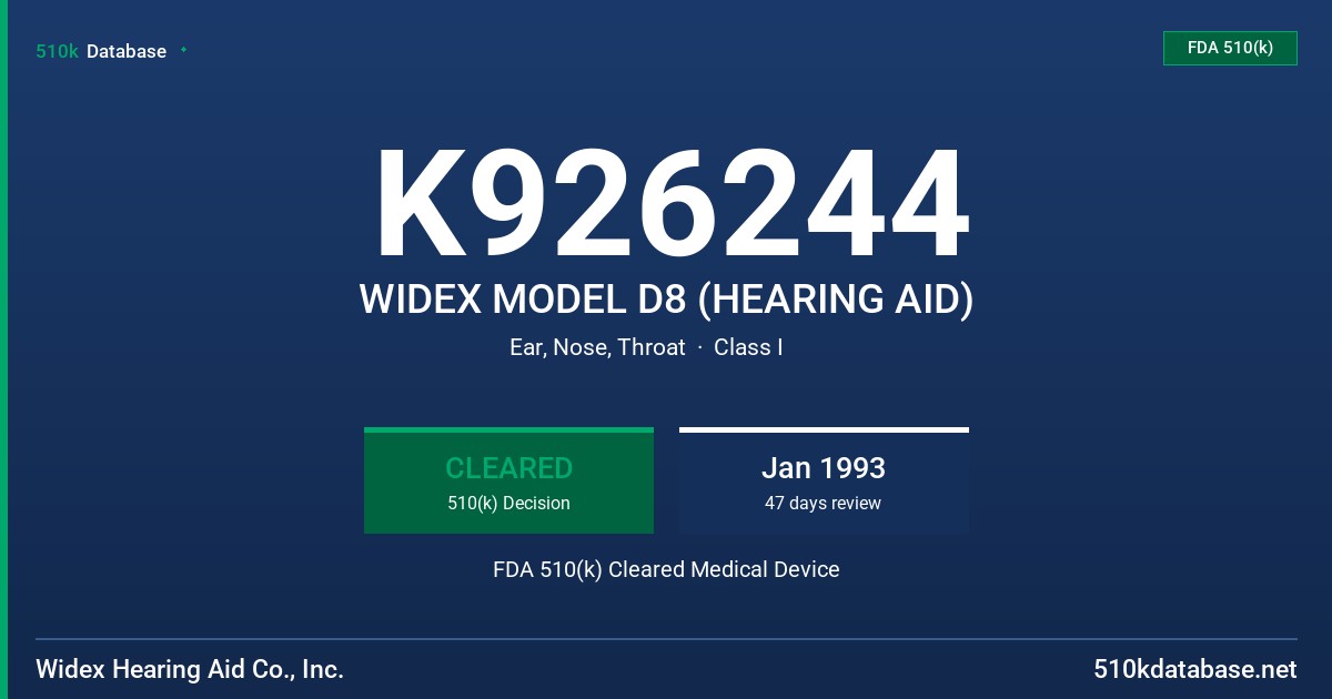 K926244 WIDEX MODEL D8 (HEARING AID) FDA 510(k) Cleared Medical Device