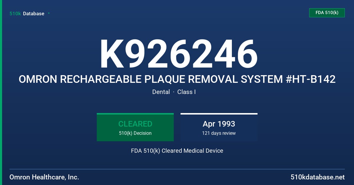 K926246 OMRON RECHARGEABLE PLAQUE REMOVAL SYSTEM #HT-B142 FDA 510(k) Cleared Medical Device