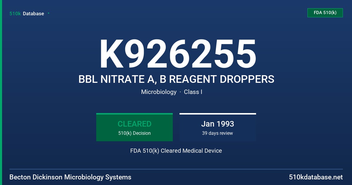 K926255 BBL NITRATE A, B REAGENT DROPPERS FDA 510(k) Cleared Medical Device