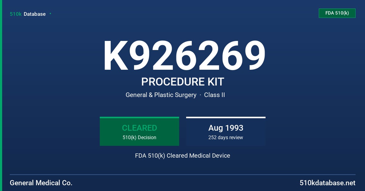 K926269 PROCEDURE KIT FDA 510(k) Cleared Medical Device