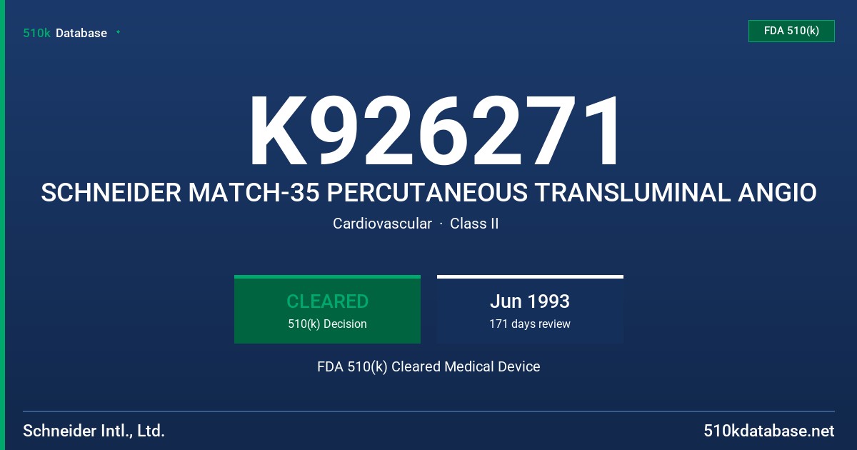 K926271 SCHNEIDER MATCH-35 PERCUTANEOUS TRANSLUMINAL ANGIO FDA 510(k) Cleared Medical Device