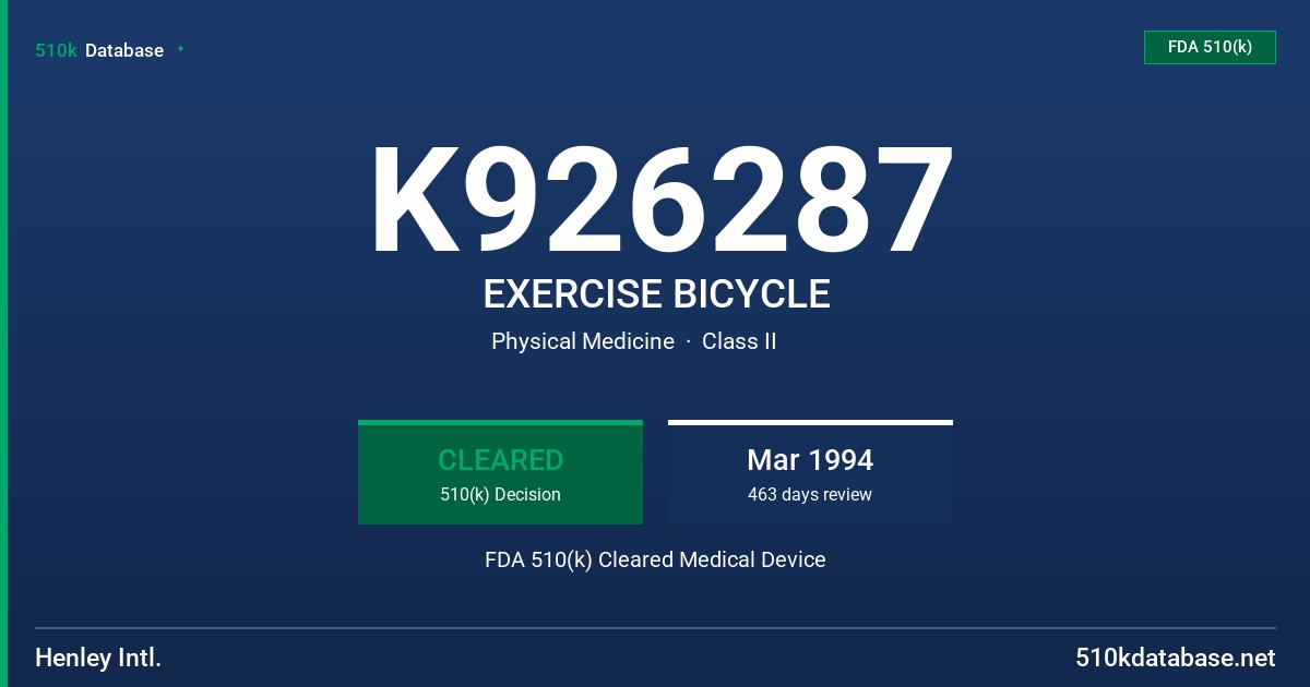 K926287 EXERCISE BICYCLE FDA 510(k) Cleared Medical Device
