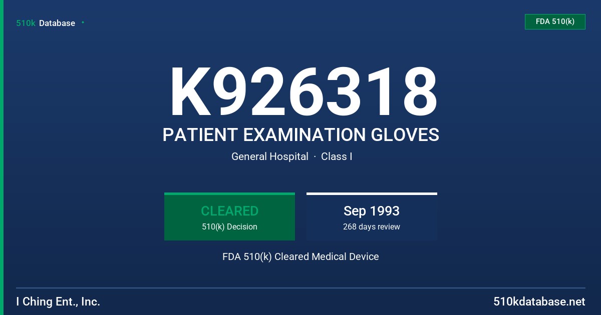 K926318 PATIENT EXAMINATION GLOVES FDA 510(k) Cleared Medical Device