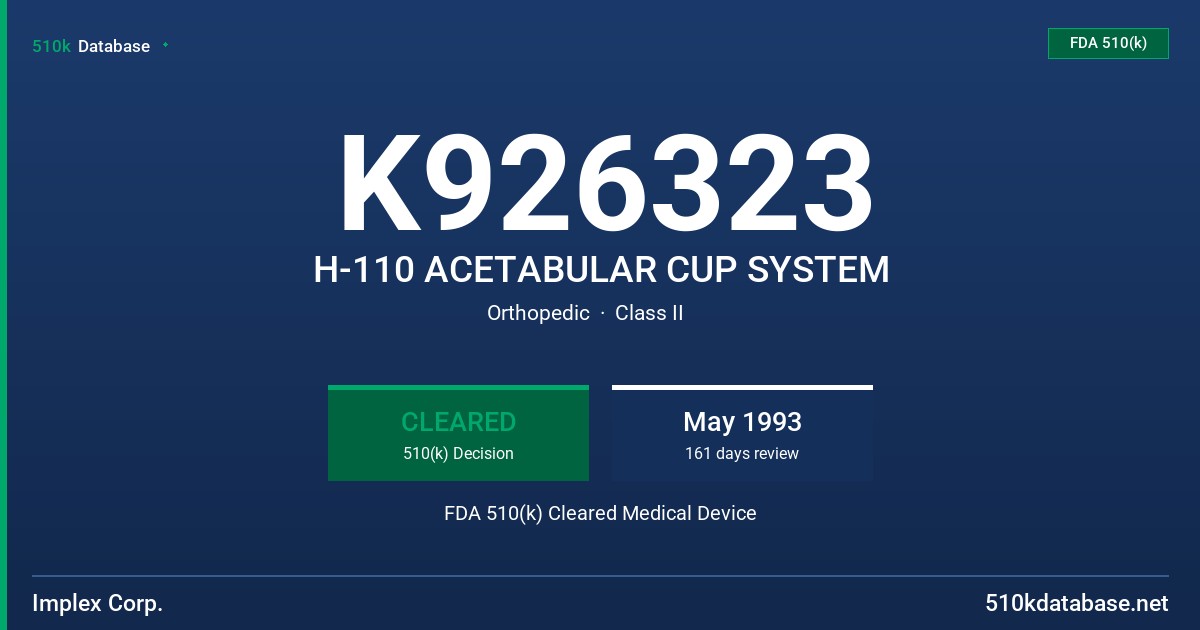 K926323 H-110 ACETABULAR CUP SYSTEM FDA 510(k) Cleared Medical Device