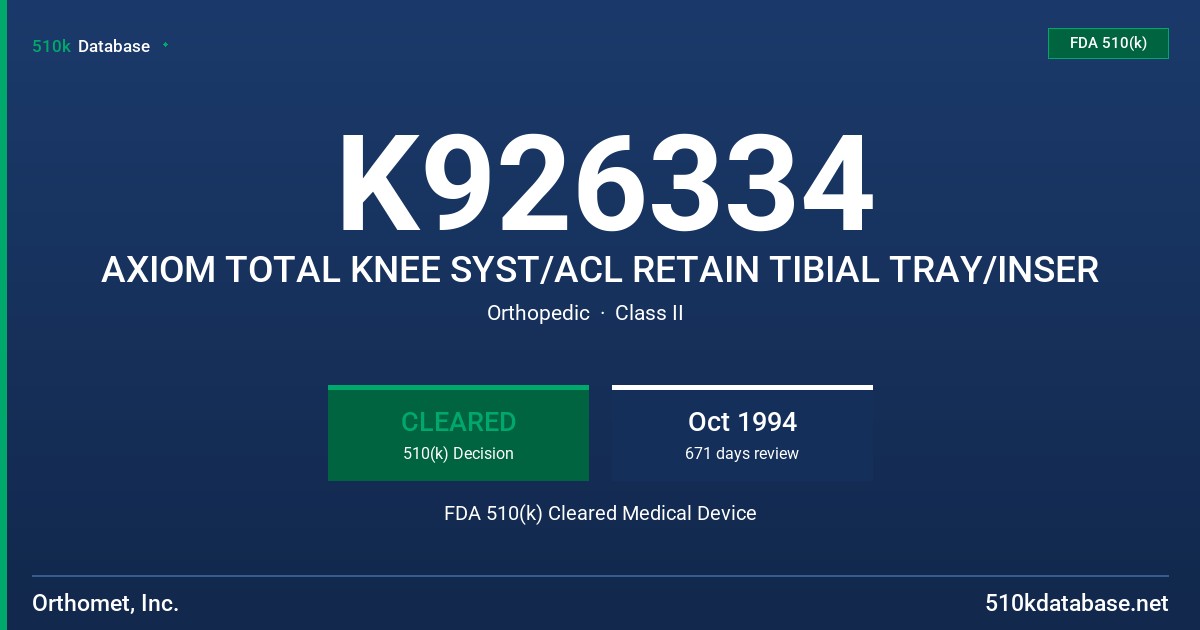 K926334 AXIOM TOTAL KNEE SYST/ACL RETAIN TIBIAL TRAY/INSER FDA 510(k) Cleared Medical Device