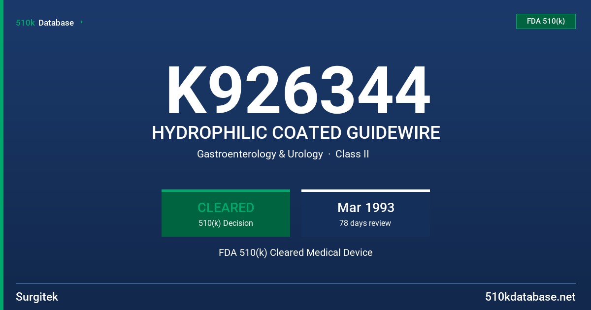 K926344 HYDROPHILIC COATED GUIDEWIRE FDA 510(k) Cleared Medical Device